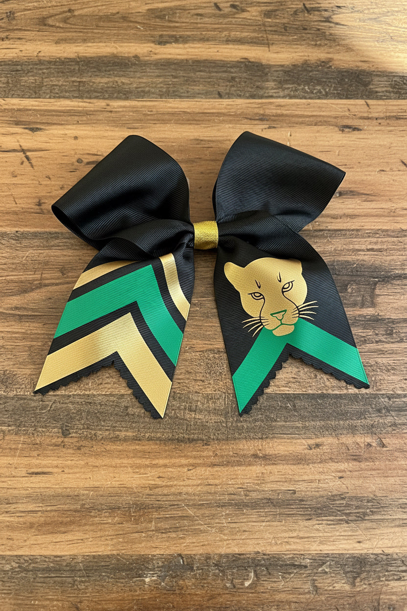 Black & Gold Panther Cheer Bow – Green & Gold Chevron with Mascot Graphic