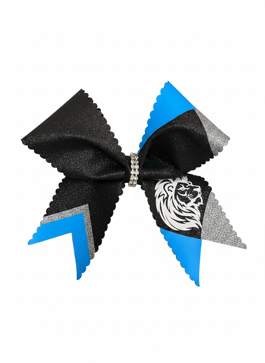 Lions Cheer Bow – Black, Blue & Silver Glitter