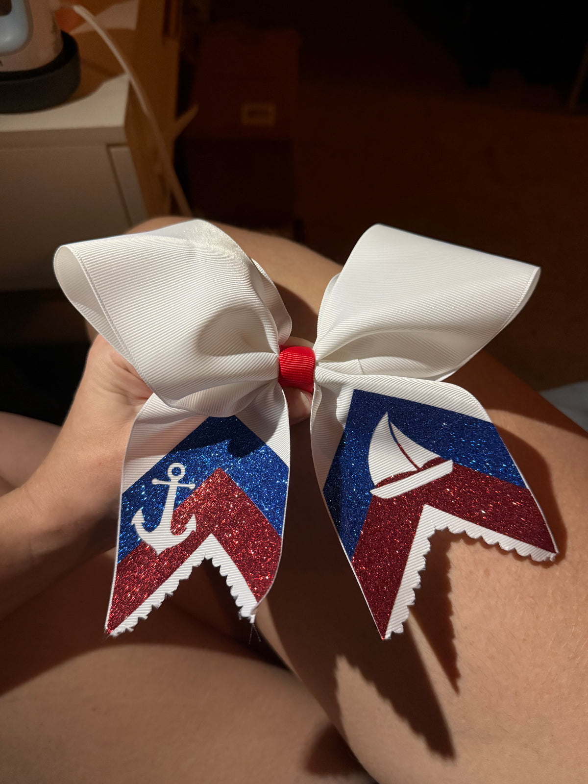 White, Red & Blue Nautical Cheer Bow – Anchor & Sailboat