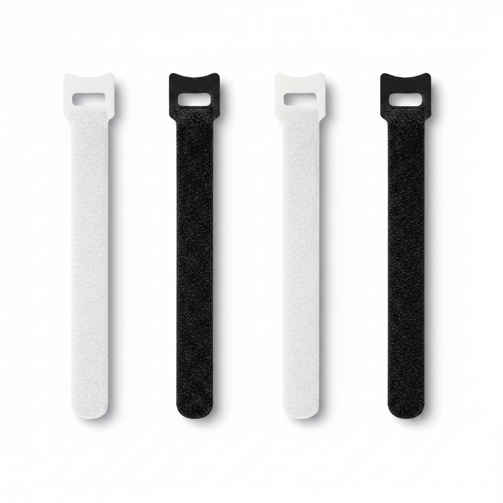 Four textured plastic zip tie style accessories in green, yellow, pink, and red, arranged vertically on a white background.