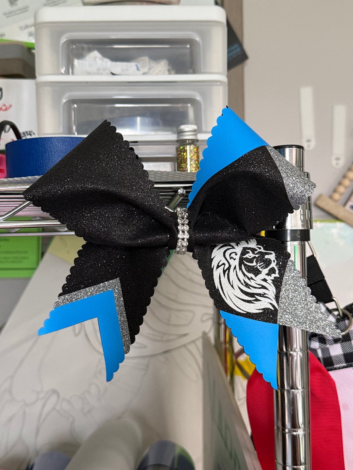Lions Cheer Bow – Black, Blue & Silver Glitter