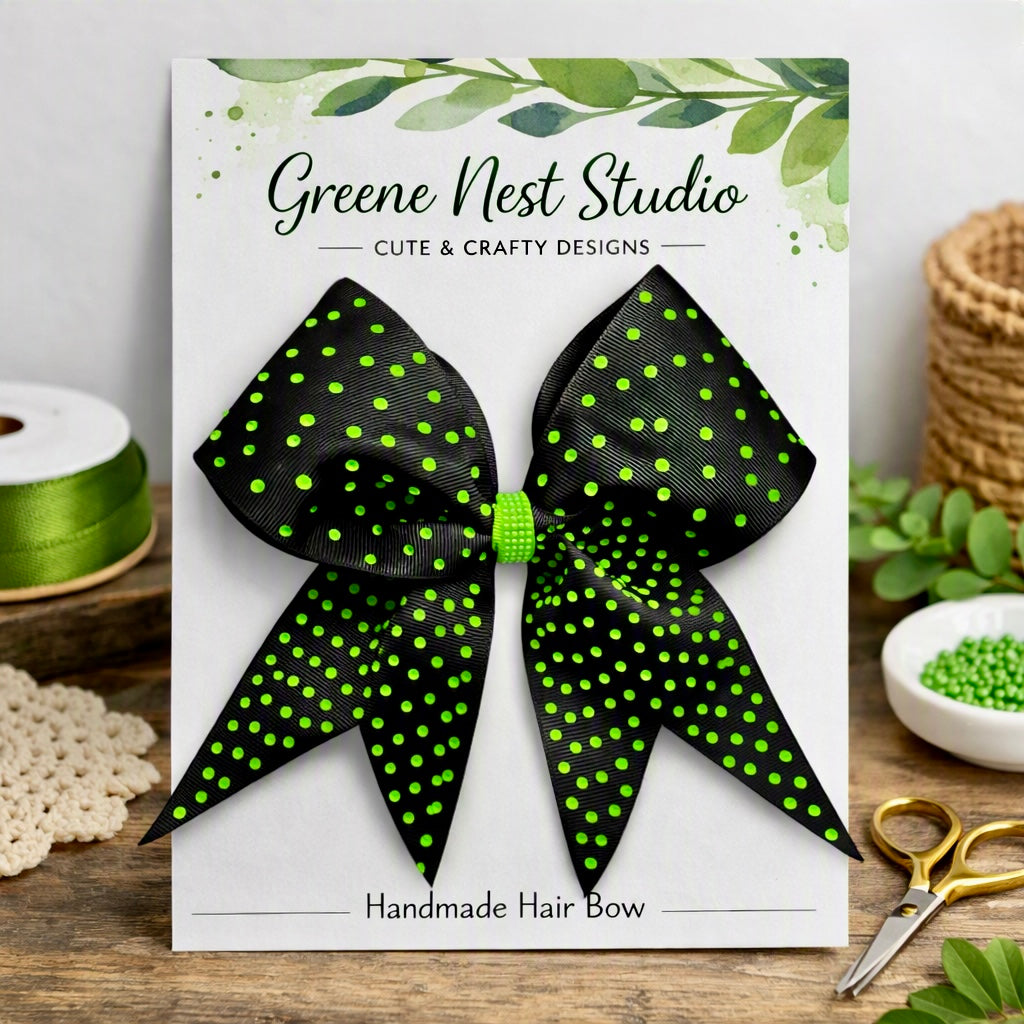 Black & Neon Green Polka Dot Cheer Bow