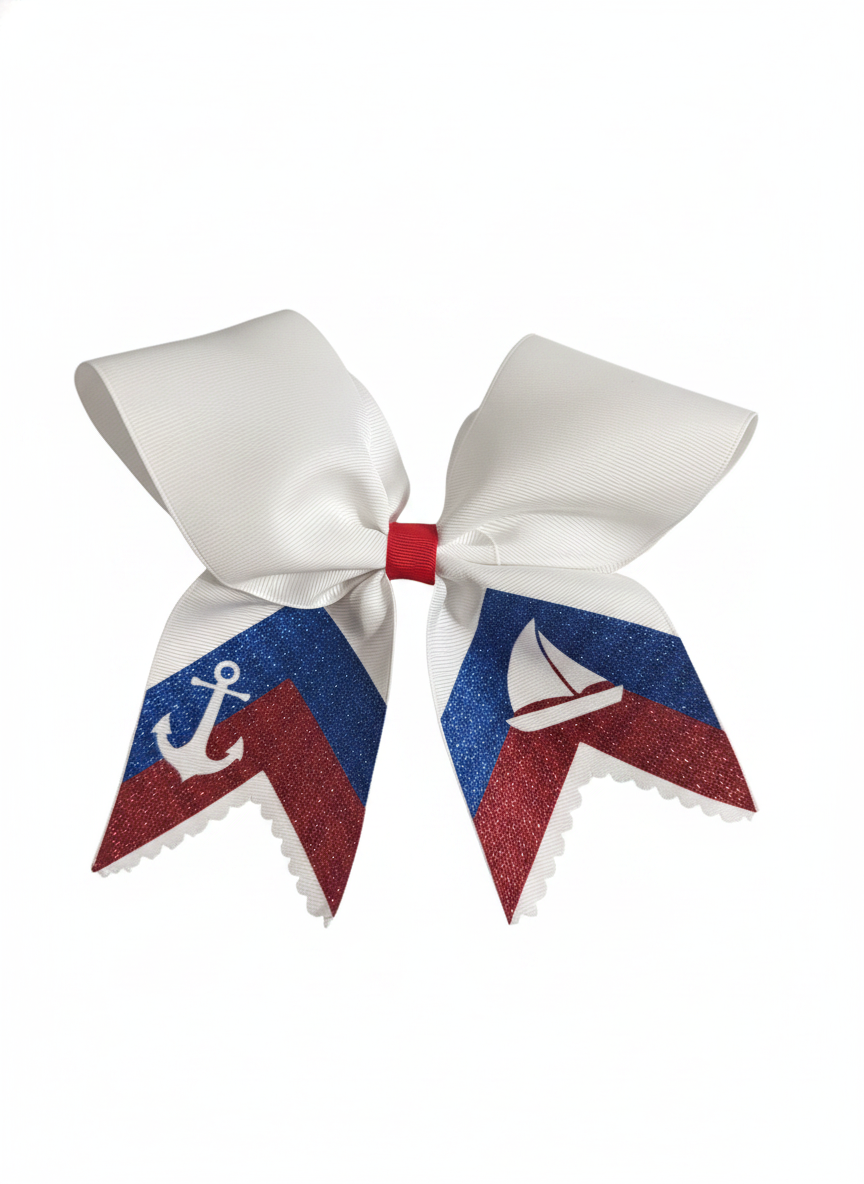 White, Red & Blue Nautical Cheer Bow – Anchor & Sailboat
