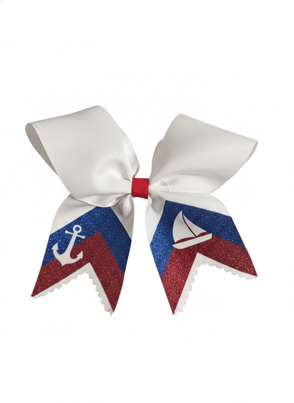 White, Red & Blue Nautical Cheer Bow – Anchor & Sailboat