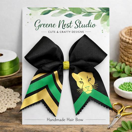 Black & Gold Panther Cheer Bow – Green & Gold Chevron with Mascot Graphic