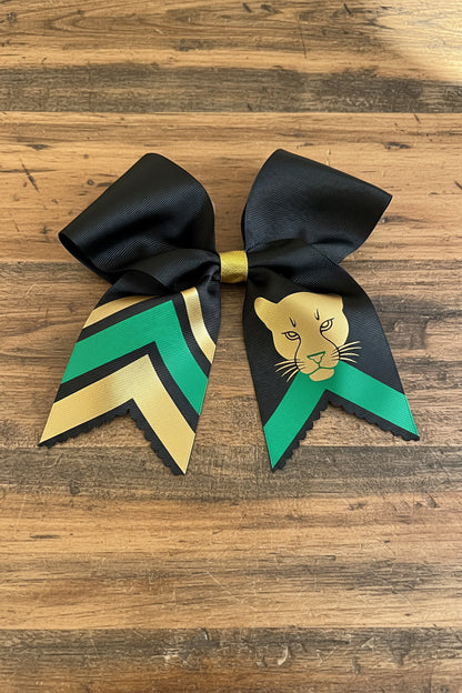 Black & Gold Panther Cheer Bow – Green & Gold Chevron with Mascot Graphic