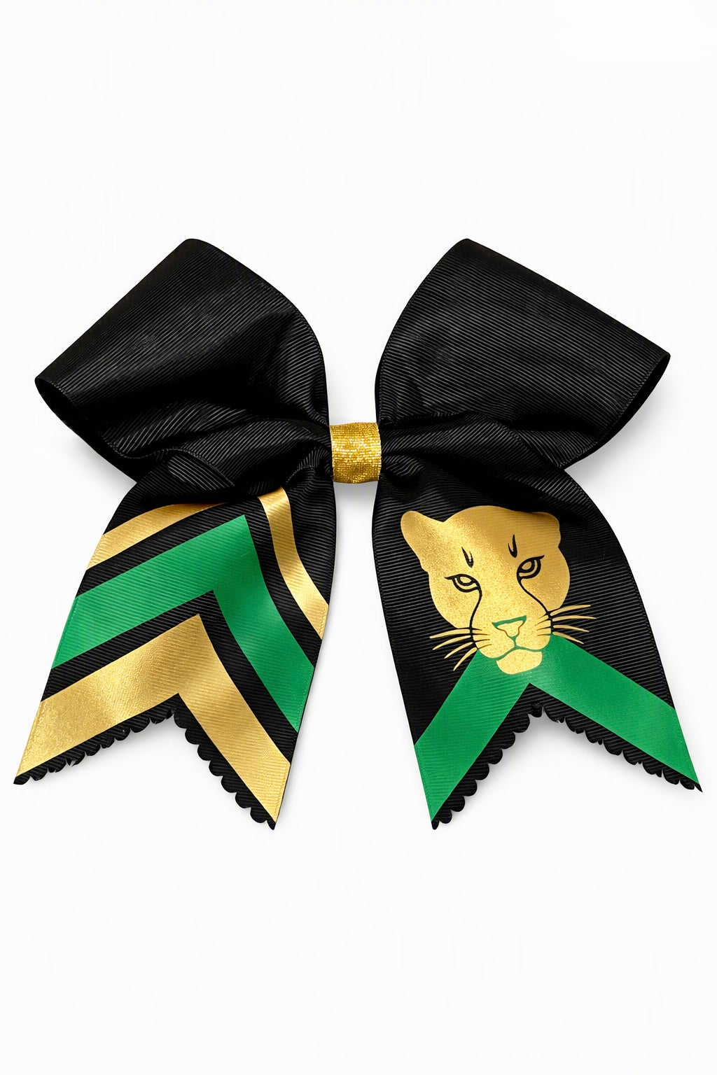 Black & Gold Panther Cheer Bow – Green & Gold Chevron with Mascot Graphic