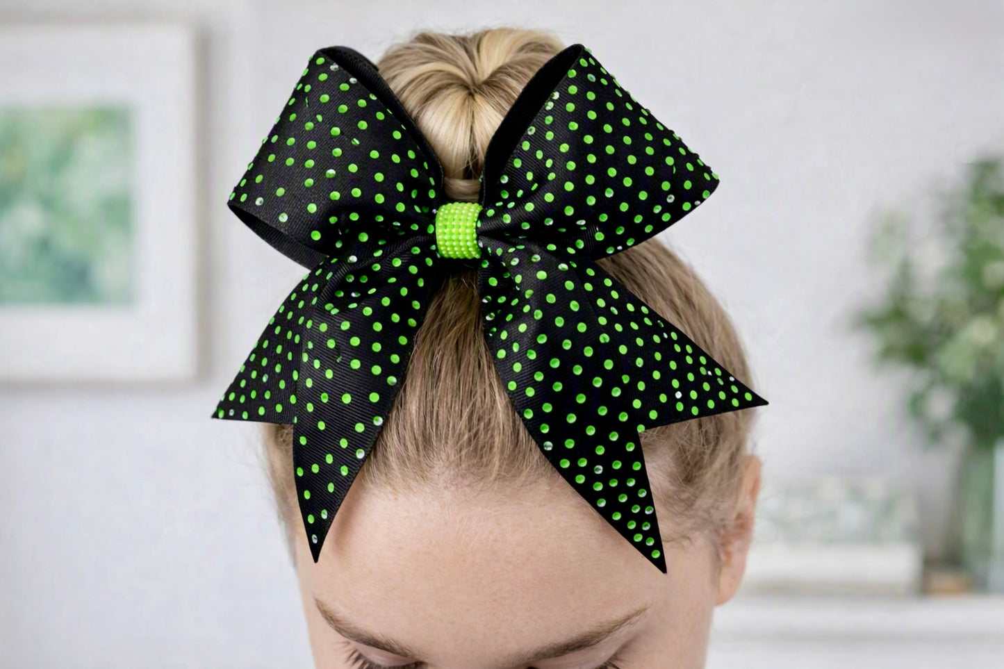 Black & Neon Green Polka Dot Cheer Bow