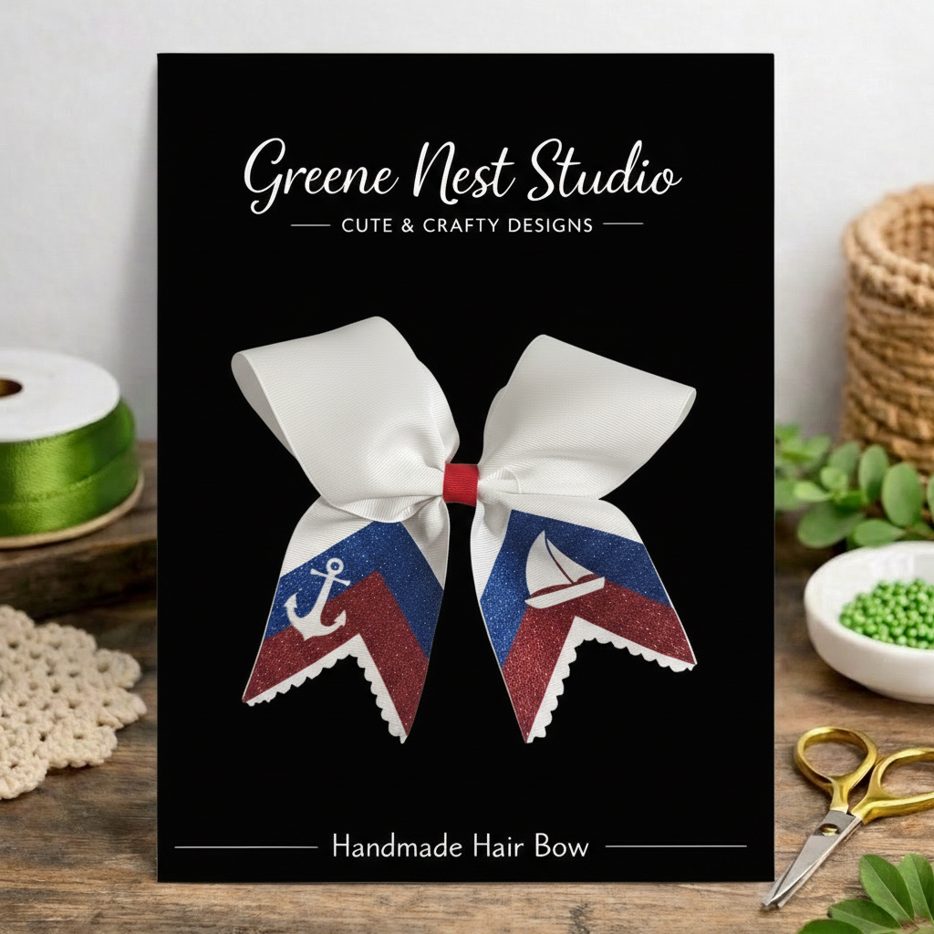 White, Red & Blue Nautical Cheer Bow – Anchor & Sailboat