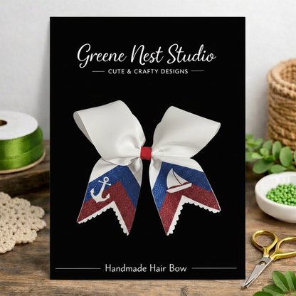 White, Red & Blue Nautical Cheer Bow – Anchor & Sailboat