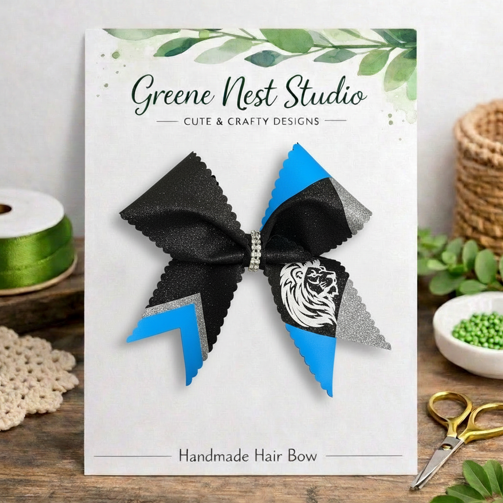 Lions Cheer Bow – Black, Blue & Silver Glitter