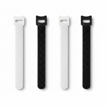 Four textured plastic zip tie style accessories in green, yellow, pink, and red, arranged vertically on a white background.